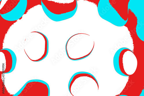 Abstract design featuring a series of oval shapes on a white background. Bold red and cyan accents surround the ovals