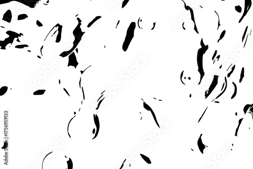 Abstract black and white design featuring irregular, organic shapes and patterns. Black shapes are scattered across