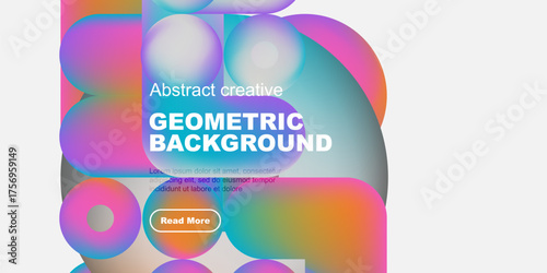 Vibrant abstract geometric background. Colorful overlapping shapes create modern design. Text includes geometric background, plus sample text, button.