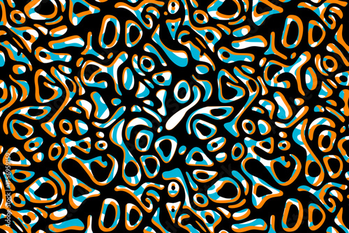Abstract geometric pattern featuring black background with fluid, irregular shapes outlined in orange and interspersed with turquoise and white accents. The design is dynamic and organic, with a sense