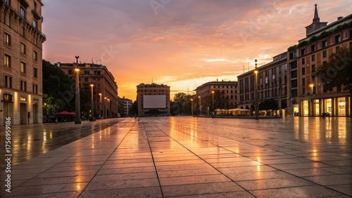 cinematic sunset urban scene Urban sunset reflecting on wet pavement in a city square with buildings.