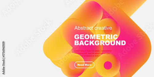 Abstract geometric background features vibrant orange, pink, purple shapes. Text includes geometric background, plus sample lorem ipsum text, button.