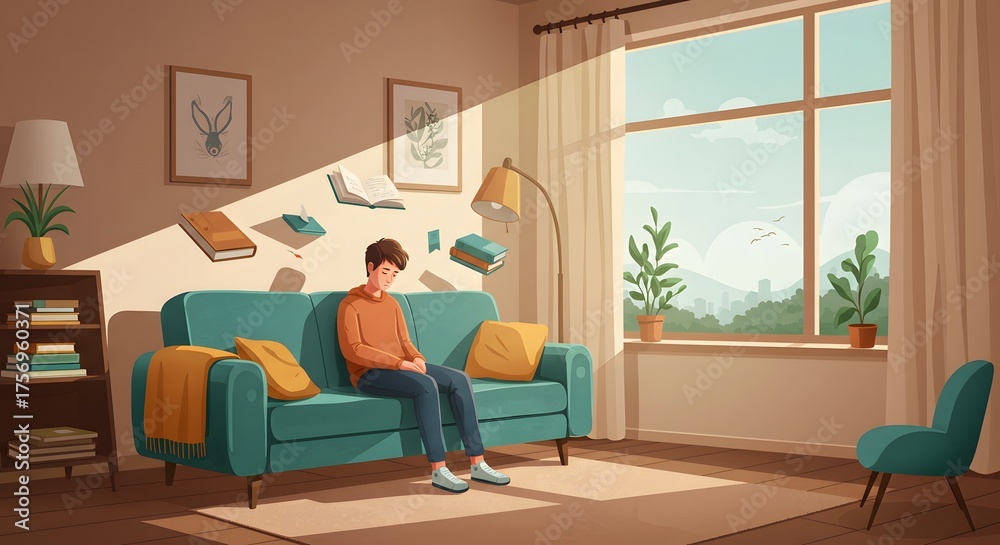 Fototapeta premium Young Boy Sitting on Modern Teal Sofa in Bright Living Room with Large Window and Indoor Plants