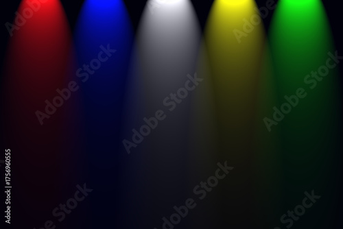 Colorful stage spotlight background featuring red, blue, white, yellow, and green beams on dark backdrop. Ideal for concert, performance, presentation, poster, or digital banner design uses.