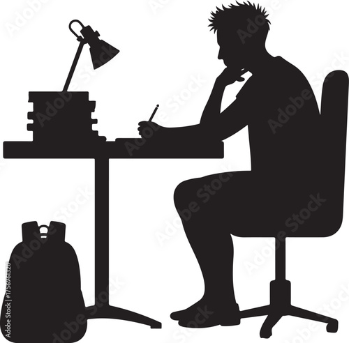 Silhouette of student studying at desk with books and lamp