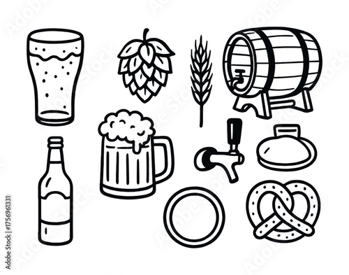 Vector Beer elements: glass, hops, barrel, bottle, mug, tap, pretzel, wheat