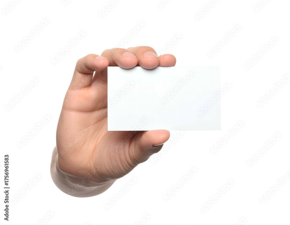 Obraz premium A hand holds up a blank white rectangular card on a black background