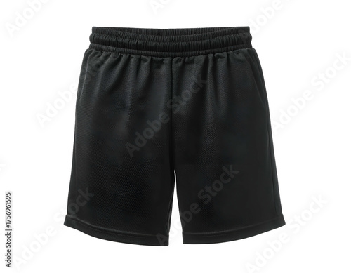 Black mesh athletic shorts isolated on black background, waist band and pockets