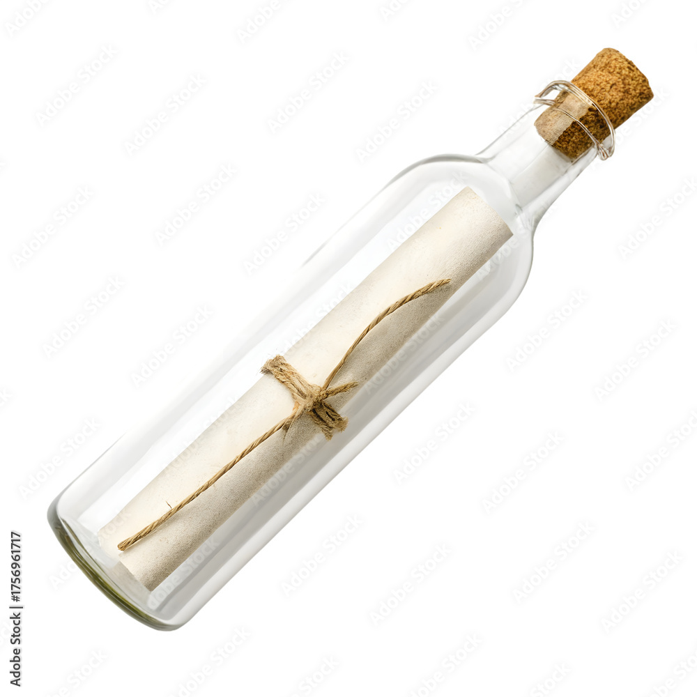 Fototapeta premium Message in a bottle with cork isolated on transparent background