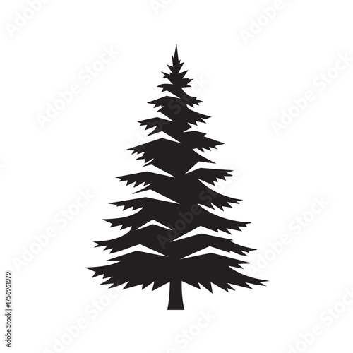 Black silhouette of a spruce tree pine tree isolated on a white background winter forest evergreen