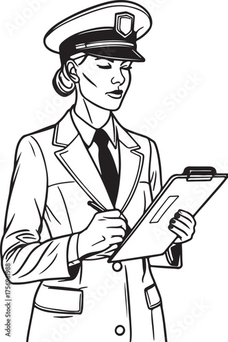 Military Officer Writing Report Illustration – Black and White Formal Uniform with Clipboard