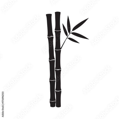 Black silhouette of two bamboo stalks with several leaves on a white background, symbolizing growth nature botanical element Asian plant