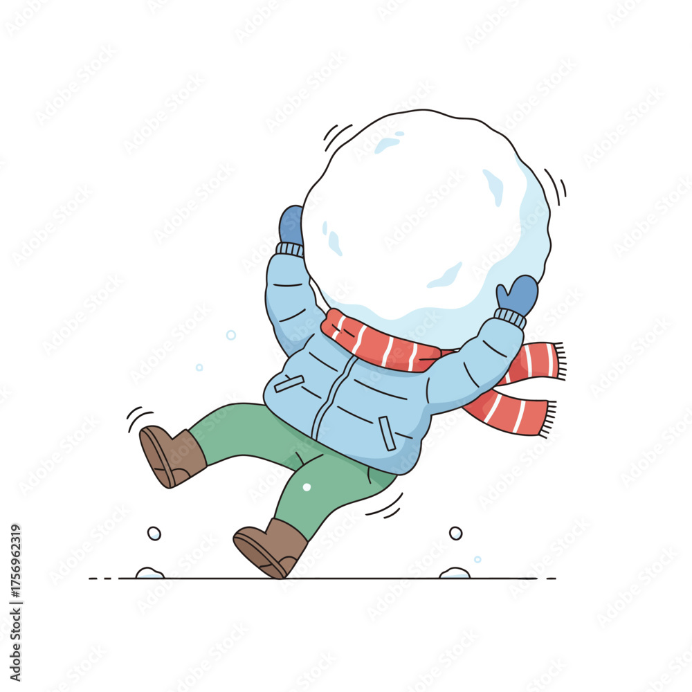 Obraz premium Cartoon of a child struggling to carry a large snowball.