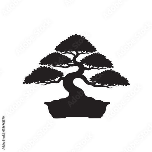 Black silhouette of a meticulously shaped bonsai tree in a pot, capturing the essence of traditional Japanese art and horticultural precision