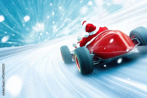 Santa claus zooming in a red race car with christmas lights in the background