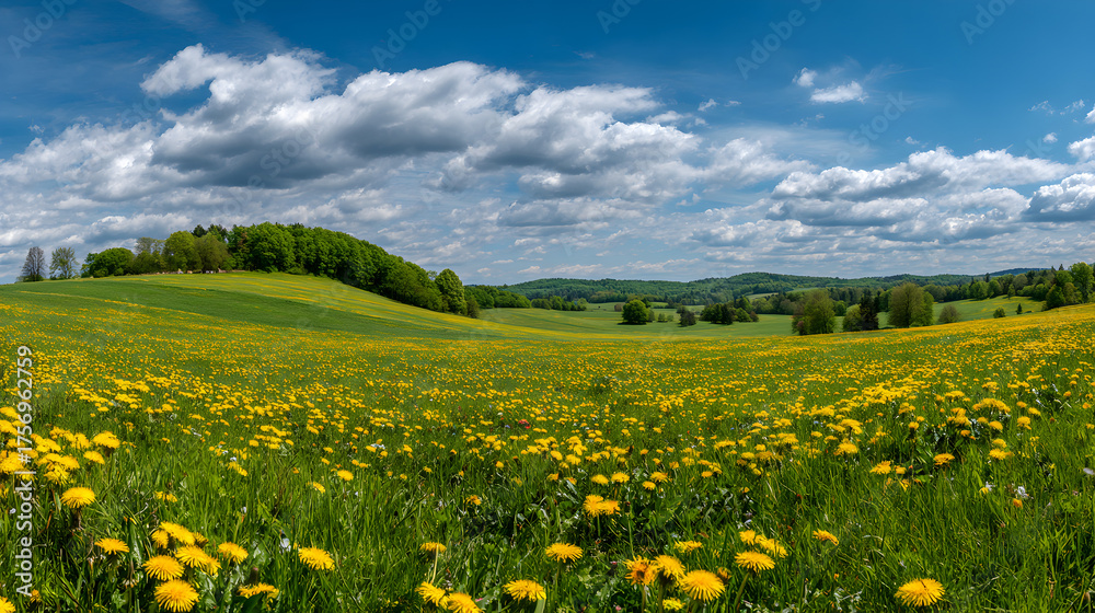 Obraz premium Panoramic Spring Meadow Landscape with Yellow Dandelions Blue Sky and Rolling Hills Nature Photography