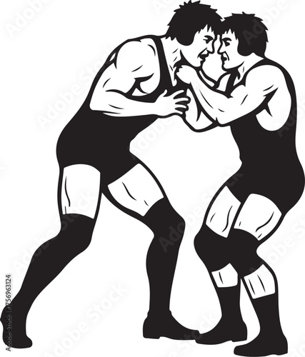 Two black and white wrestlers grappling on white background