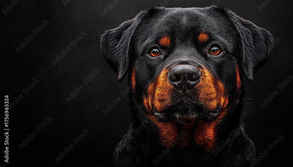 Obraz premium Majestic Rottweiler Portrait with Intense Eyes Showing Loyalty, Charm, and Dignity in Every Detail