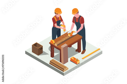 Isometric illustration carpenter doing wood drill, suitable for related digital assets