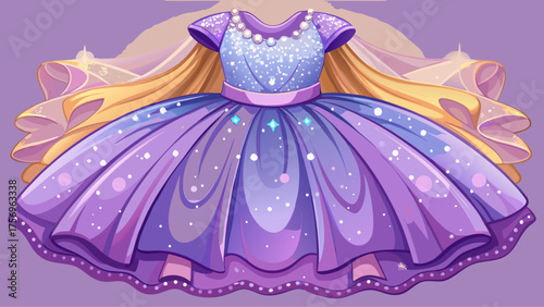 Very beautiful soft lavender dress with sparkling sequins and tulle skirt, highlighted in close-up, creating a magical, playful, and festive children’s outfit perfect for vector artwork or design proj