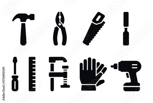 Vector Set of eight black icons: hammer, pliers, saw, chisel, screwdriver, ruler, wrench, gloves, drill