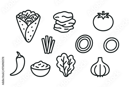 Vector Line art icons of sandwich, vegetables, and snack elements