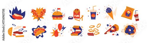 Fast food stickers set. Cartoon pizza, fries, ketchup, burgers, and other tasty snacks. Doodle and vibrant illustrations for street food and takeaway concepts.