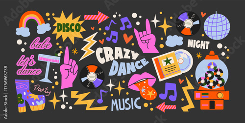 Retro disco party stickers in cartoon style. Nostalgic dance night composition with vinyl records, music notes, disco ball and funky boots, vintage club illustration, trendy doodle 90s design