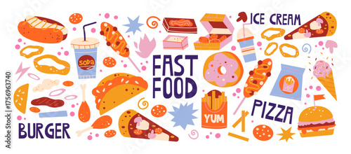 Fast food stickers set. Cartoon pizza, fries, ketchup, burgers, and other tasty snacks. Doodle and vibrant illustrations for street food and takeaway concepts.