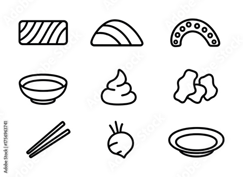 Vector Minimalist japanese cuisine icons: sushi, wasabi, ginger, chopsticks, tableware