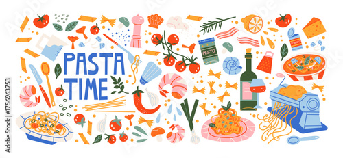 Pasta time, Italian food and culture stickers set in retro cartoon style. Food and drink: pizza, pasta, wine, tomato. Illustration in funky, doodle style, trendy labels set.