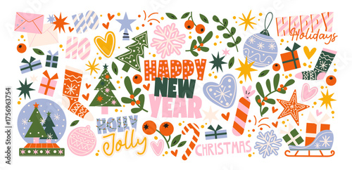 Christmas stickers in retro cartoon style. Holiday new year elements: gifts, candy canes, wreaths. Snowman, reindeer, car with presents, festive sweets. Illustration in retro cartoon style