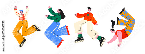 Happy jumping characters in retro cartoon style. Joyful people, expressive poses, cheerful emotions, celebration mood, 90s positive vibe, illustration in retro cartoon style, trendy stickers