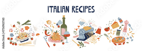Italian kitchen cooking compositions in retro cartoon style. Ingredients for homemade pasta with cheese, olive oil and herbs,Mediterranean food preparation, illustration recipes in funky, trendy style
