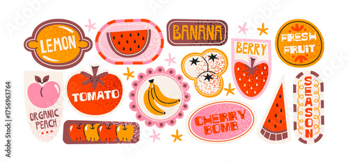 Fruity stickers set in retro cartoon style. Labels with bananas, lemons, strawberries, cherries, watermelon and peaches, organic healthy lifestyle illustration, funky doodle design, trendy stickers