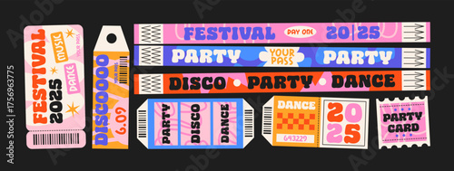Control ticket bracelets for events, disco, festival, fan zone, party, staff. Vector cartoon mockup of a festival bracelet in a futuristic doodle style