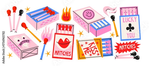 Set cartoon matches in retro. Burning fire, matchboxes, match burns, flame, spark. Vector set of elements stickers