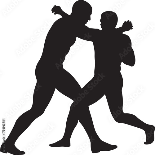 Two male wrestlers grappling in silhouette wrestling