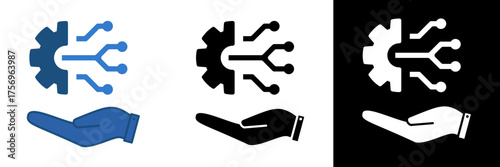 Flat vector icon of a hand supporting a gear with circuit lines, representing digital integration, system maintenance, and technology assistance. Perfect for Technology Services, Automation, etc.