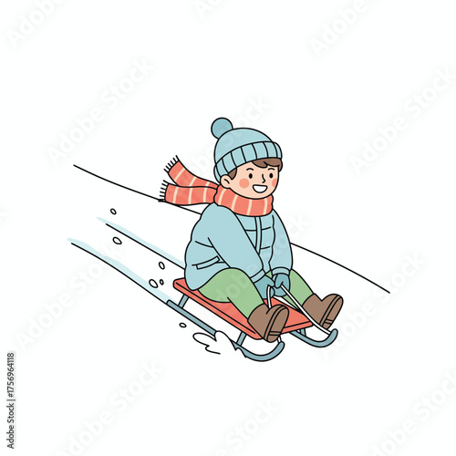 Illustration of a child sledding down a snowy hill in winter.