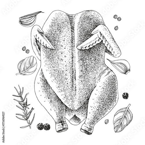 Whole raw chicken meat vector