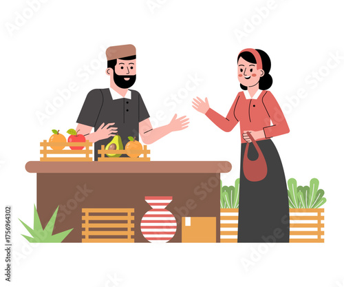 Vector Traditional Market illustration local vendors buyers commerce daily life colorful stalls