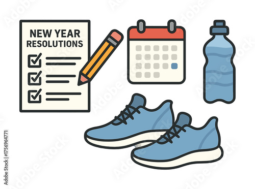 Vector New year resolutions concept with checklist, calendar, sneakers, and water bottle