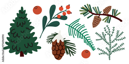 Cartoon forest tree, cone, mistletoe and plants stickers in retro flat style. Cozy cheerful winter elements and shapes. Vector nature illustration for greeting cards, patches, labels, stamps, stickers