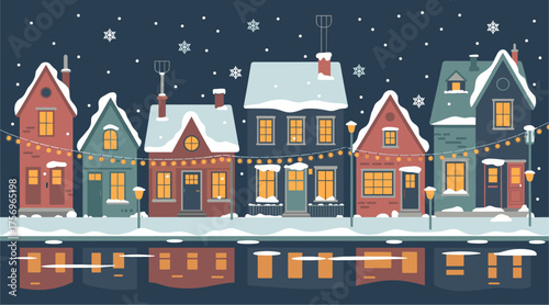 A cozy flat vector illustration of a snow-covered winter street at night with glowing string lights, warm-lit houses, and softly falling snow under a deep navy sky. Peaceful holiday scene