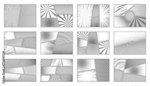 Comic book background. Manga monochrome templates and layout pages with grid. Anime backdrops set with collage of halftone effect and speed lines. Vector graphic illustration