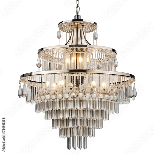 Elegant crystal chandelier isolated on transparent background, featuring a tiered design with sparkling crystals and a polished chrome finish, creating a luxurious ambiance