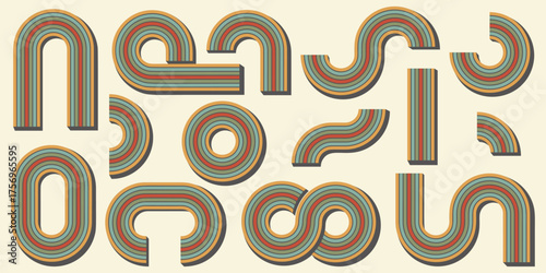 Abstract rainbow shapes. Retro 70s graphic for poster. Vector arches and wavy stripes. Creative simple curved elements set