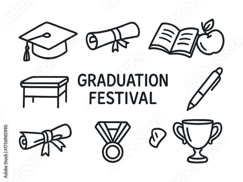 Vector Graduation festival icons: cap diploma medal book trophy pen desk apple