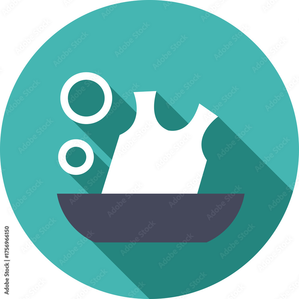 Fototapeta premium Laundry Services Icon White Shirt Washing In A Basin With Bubbles On A Teal Circular Background With Long Shadow